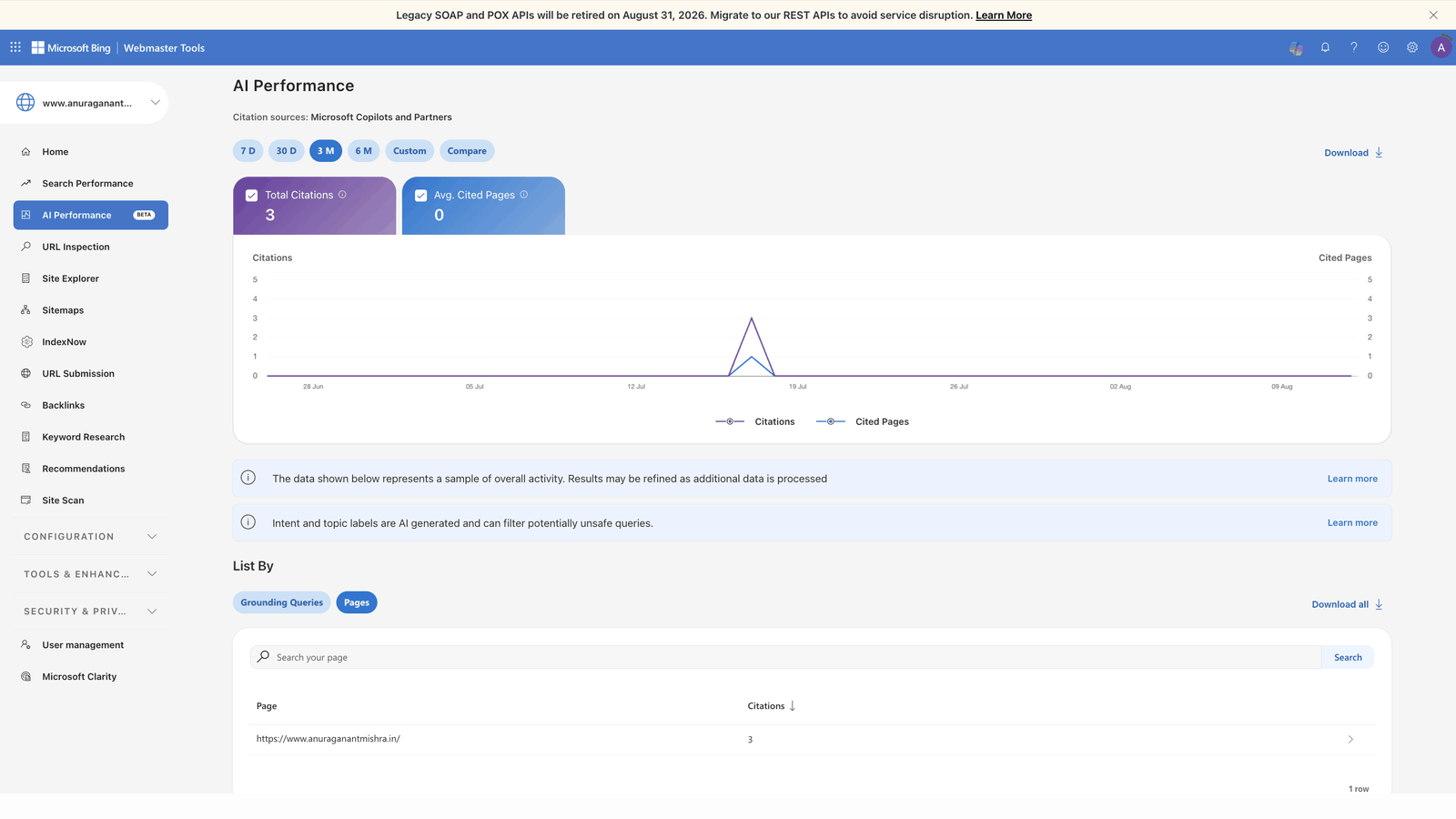 Bing Webmaster Tools AI Performance report showing three total citations attributed to the home page