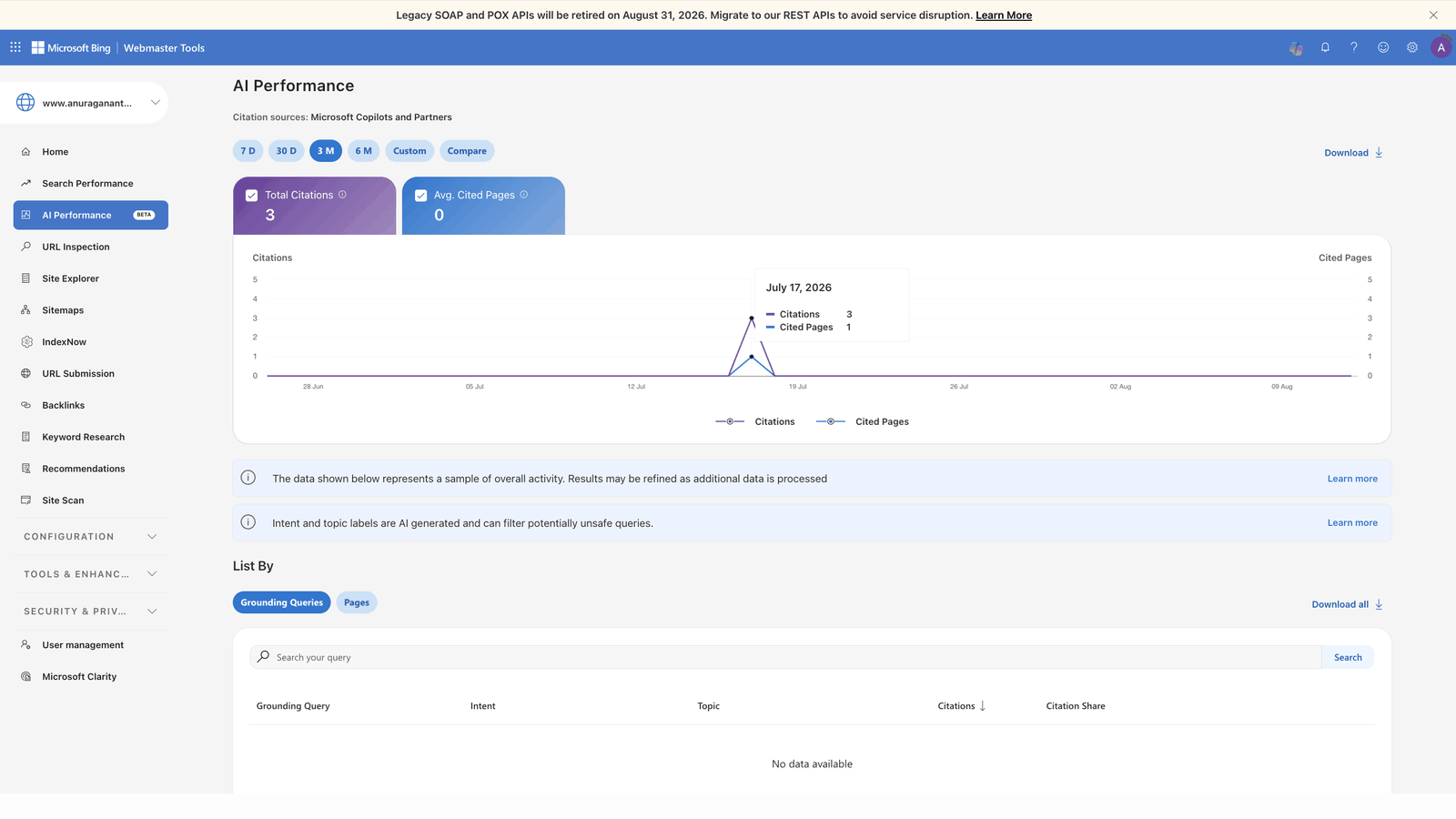 Bing Webmaster Tools grounding queries view showing No data available despite citations being recorded