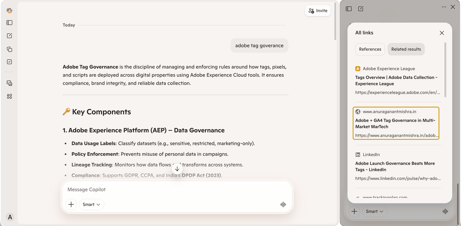 Microsoft Copilot showing a related results panel listing the author's tag governance article alongside Adobe Experience League documentation